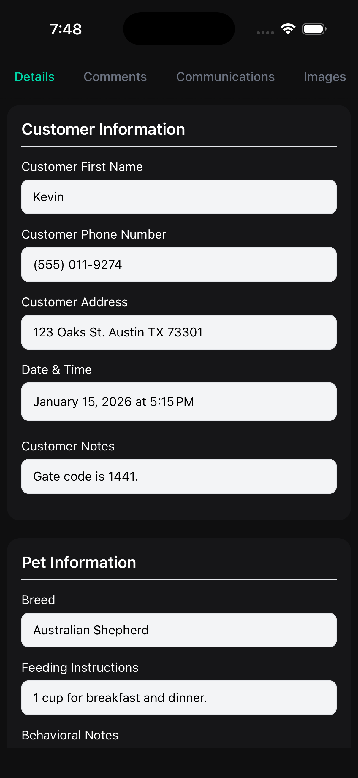 Pet Profile Screenshot